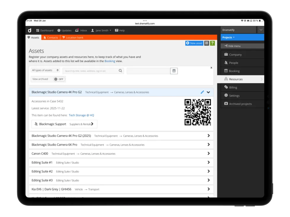 Production asset management software displaying asset details, availability, and production information in a shared asset list