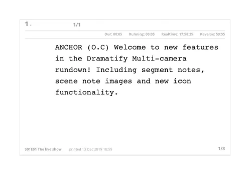 Printed cue cards generated directly from the Dramatify rundown