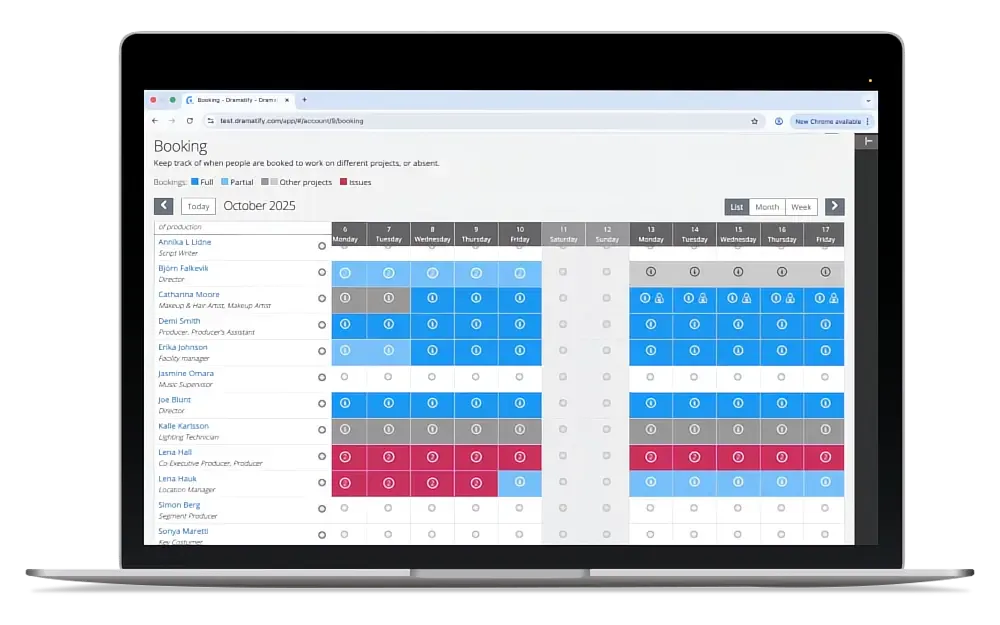 Production resource management with shared crew, equipment and resource booking across multiple productions in Dramatify's production management system.