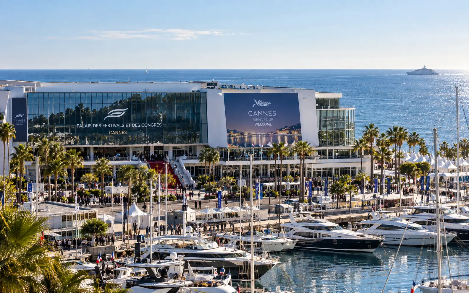 The Palais des Festivals et des Congrès in Cannes overlooking the marina, welcoming visitors to MIPCOM