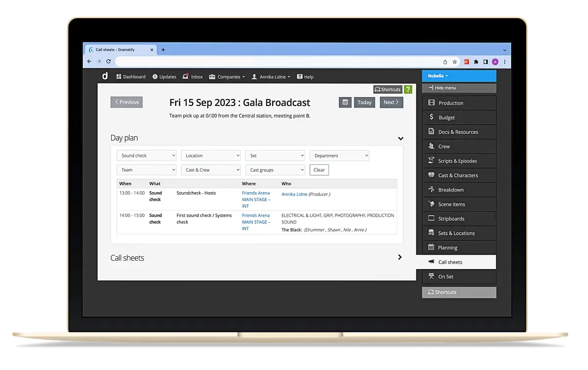 Filtered, customised daily production planning for TV, entertainment, sports, broadcasting