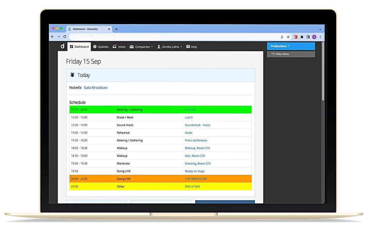 A daily personal production schedule for TV, entertainment, sports, broadcasting