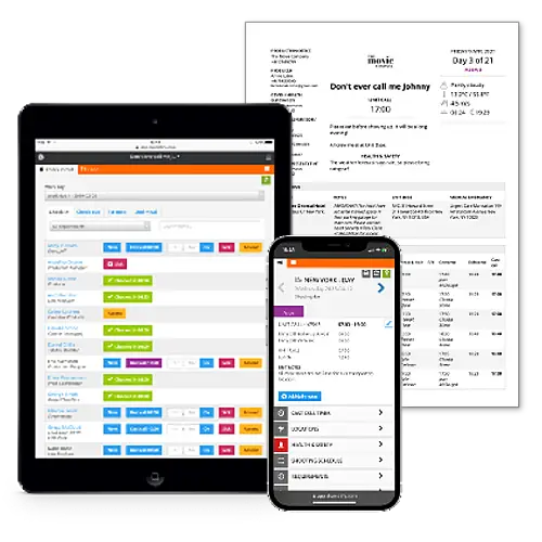 Film production software streamlining on-set management with smart call sheets, automated time tracking, and efficient meal management, displayed on a digital interface showcasing features like map links, script details, and dietary preferences